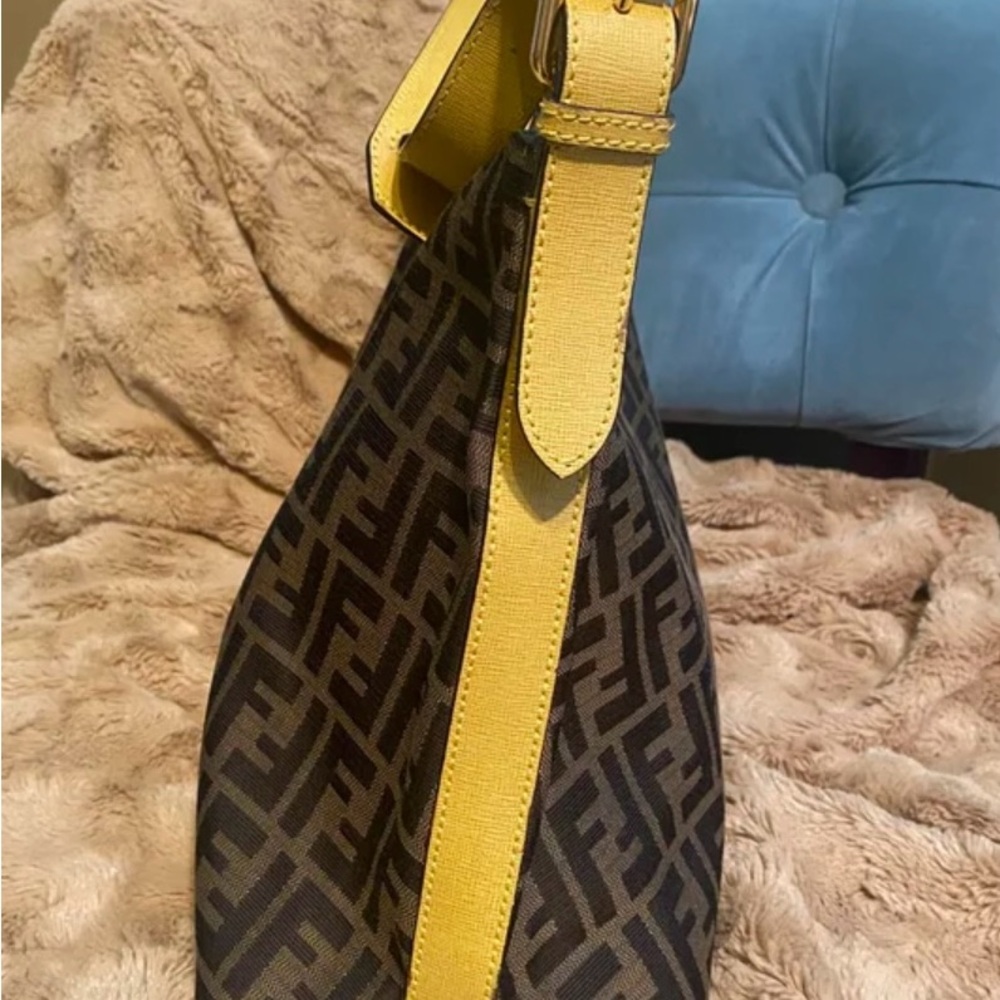 Fendi Brown Monogram Canvas Shoulder Bag with Yellow Leather Strap - Picture 2 of 8